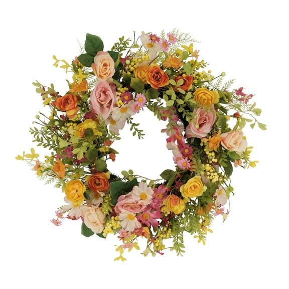 CC Christmas Decor Rose and Daisy Artificial Spring Floral Wreath - 24” - Multicolor