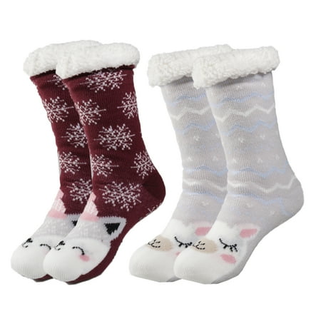 

Treehouse Knit (2 Pack) Colorful Womens Thick Knit Winter Sherpa Fleece Slipper Socks Grippers