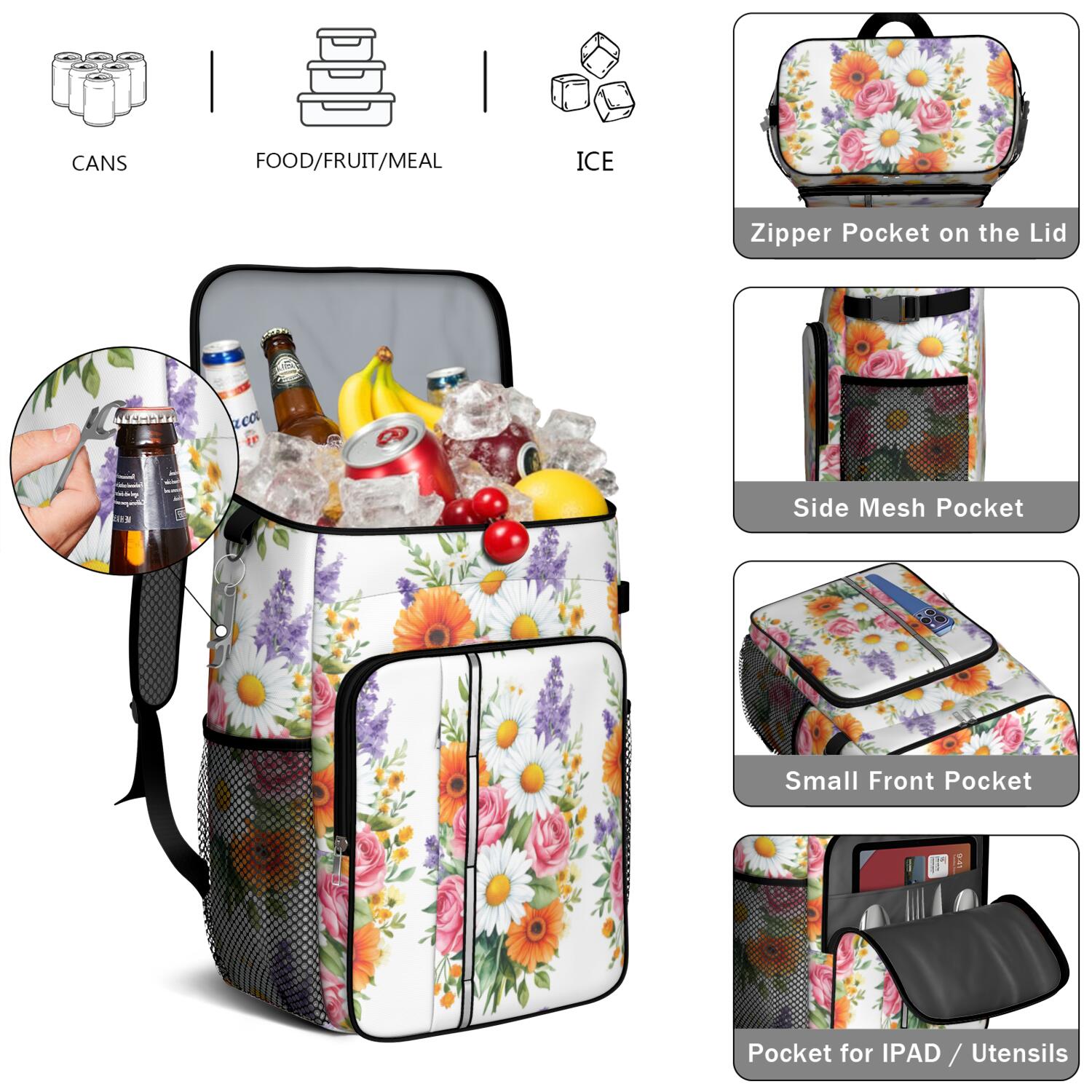 Travel Cooler Bag - Pioneer Flower Camping Beer Cooler Backpack with Bottle Opener- Waterproof Insulated Picnic Backpacks - Cooler Bag for Beach