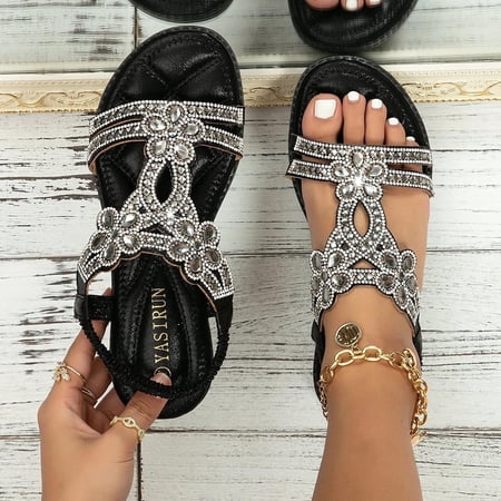 

Summer Sandals Women Comfort With Elastic Ankle Strap Bohemian Beach Shoes Fashion Crystal Floral Shoes Open Toe Low Heels Sandals