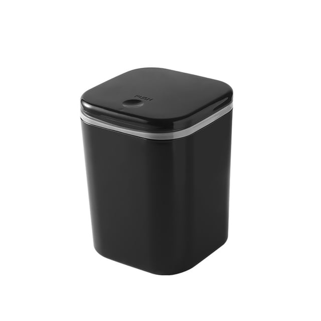 Inteprter Cubo de basura de basura de PP, interruptor de botón de esquina redonda inodoro de Color sólido, cubo de basura de escritorio para Suministros de limpieza para el hogar Negro