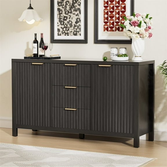 Planntonneo Fluted Sideboard Buffet Cabinet with Storage, Modern Credenza Cabinet with 3 Drawers for Kitchen, Entryway, Living Room, Black