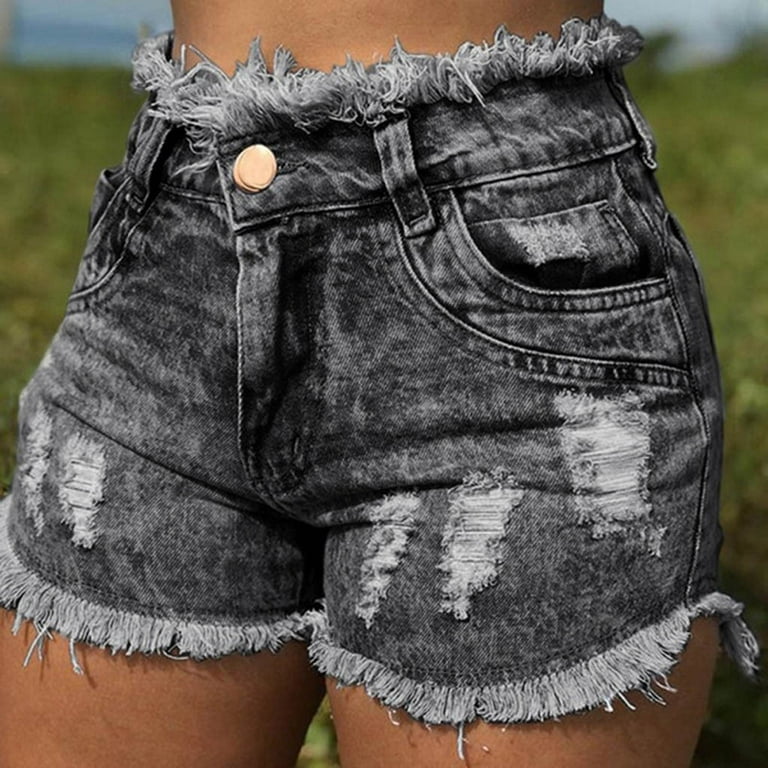 frehsky jeans for women fashion ladies denim shorts with raw edges and  holes jean shorts grey