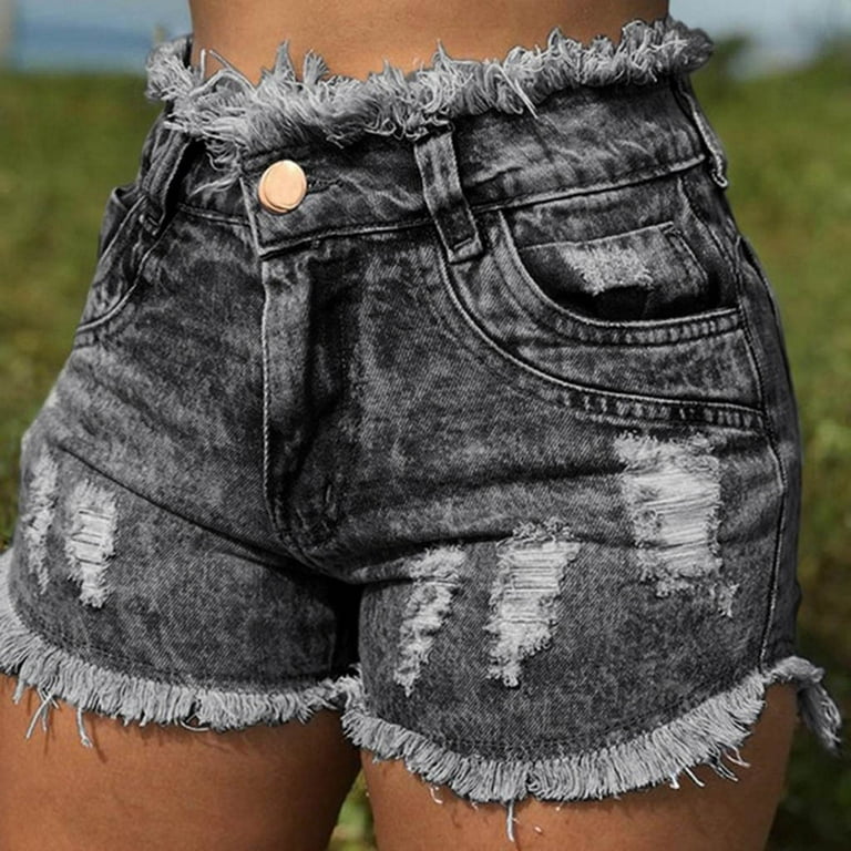 frehsky jeans for women fashion ladies denim shorts with raw edges and  holes jean shorts grey