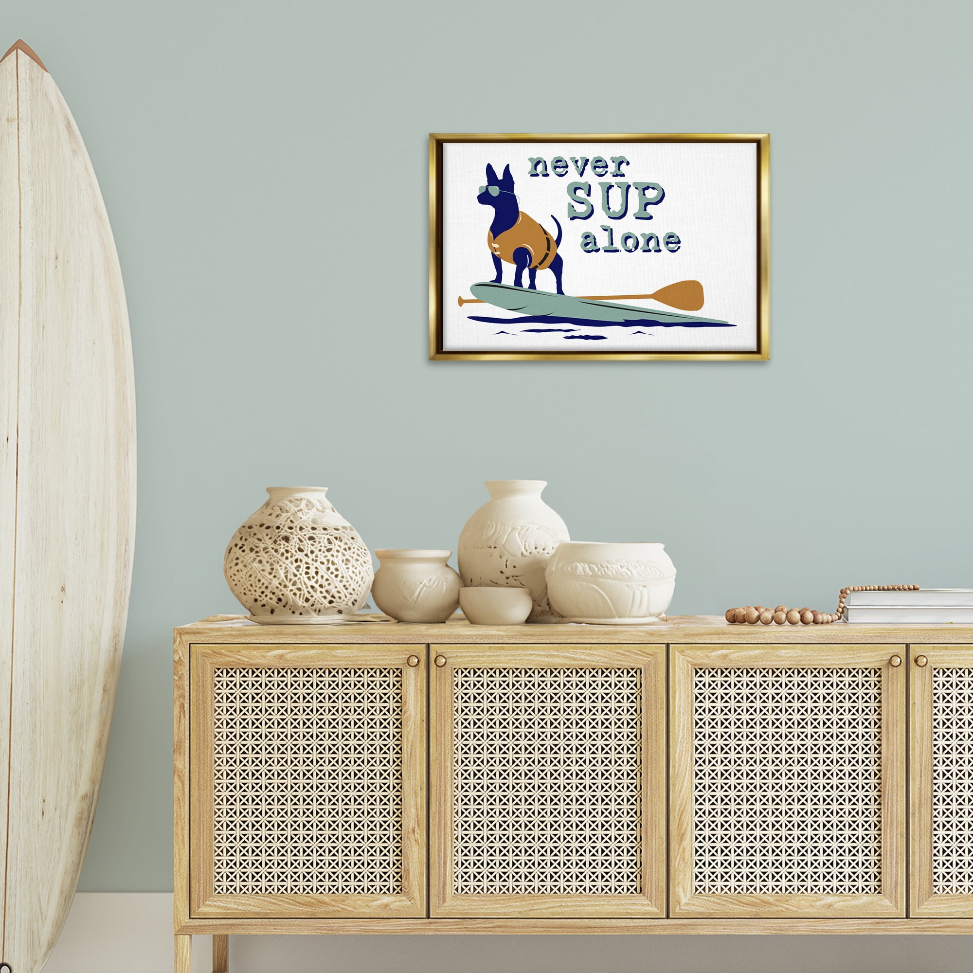 Stupell Industries Never Paddleboard Alone Dog Animals Painting Gold Floater Framed Canvas Art Print Wall Art, 25 x 17