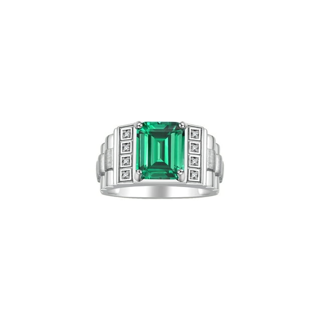 RYLOS Men's Rings Sterling Silver Designer Style 10X8MM Emerald Cut Shape Gemstone & Diamonds Emerald May Birthstone Rings For Men Size 13