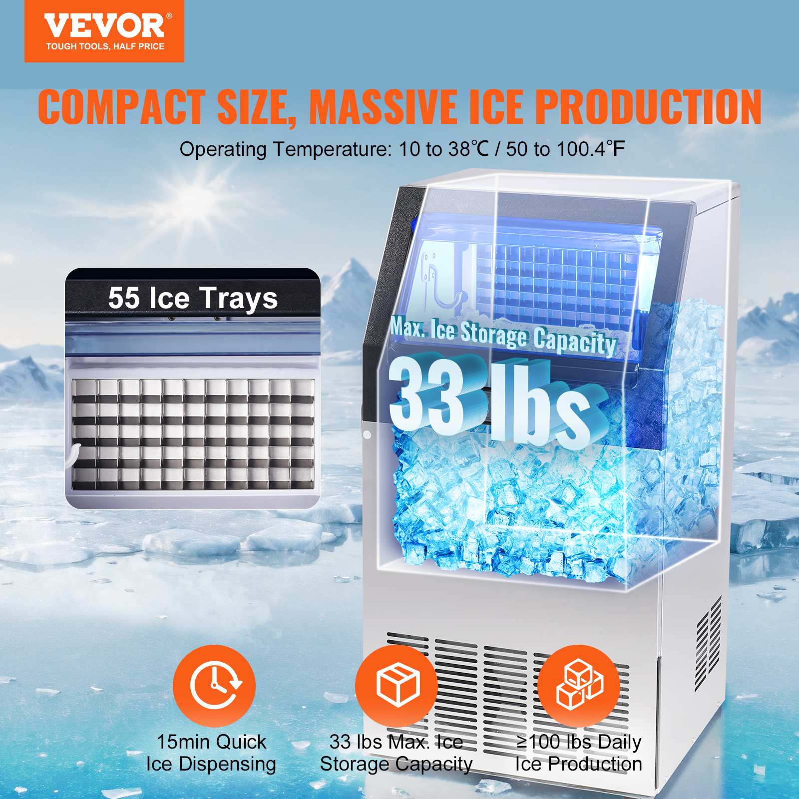VEVOR 110V Commercial Ice Maker 265LBS/24H, 750W Stainless Steel Ice Machine with 55LBS Storage Capacity, 126 Ice Cubes Ready in 11-15Mins