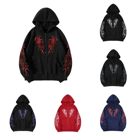 Wuxian Y2k Gothic Graphic Hoodies For Men Zip Up Sweatshirts Long Sleeve Streetwear