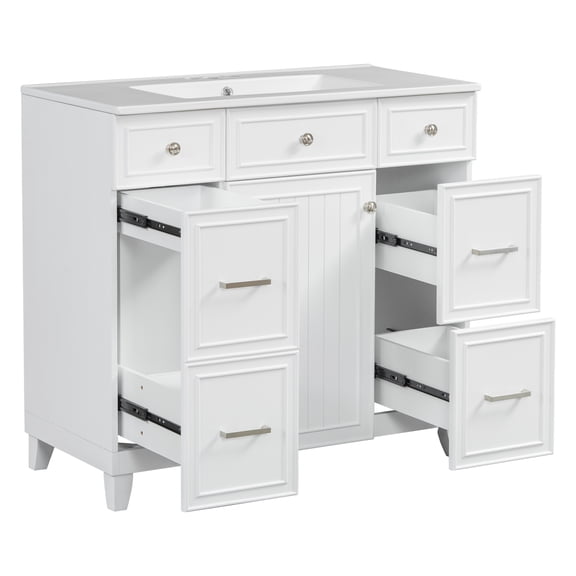 Transitional Bathroom Vanity with Ceramic Sink, Soft Close Doors and 3 Drawers Including Hairdryer Storage, 36" White