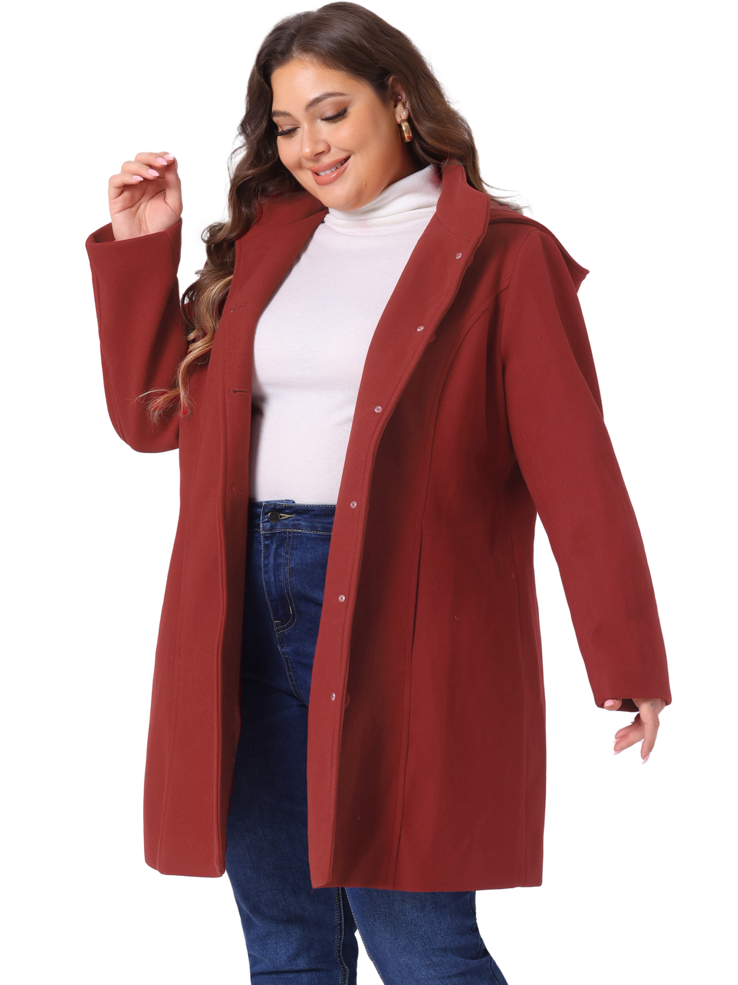 DARING DIVA Women's Plus Size Single Breasted Detachable Hooded Overcoat 4X Dark Red