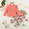 thumbnail image 3 of KIMI BEAR Toddler Girls Outfits 2T Infant Girl Fall Winter Outfits 3T Infant Girl Solid Color Long Sleeve Pit Stripe Pull-Over + Floral Pants + Headband 3PCS Set Red, 3 of 8
