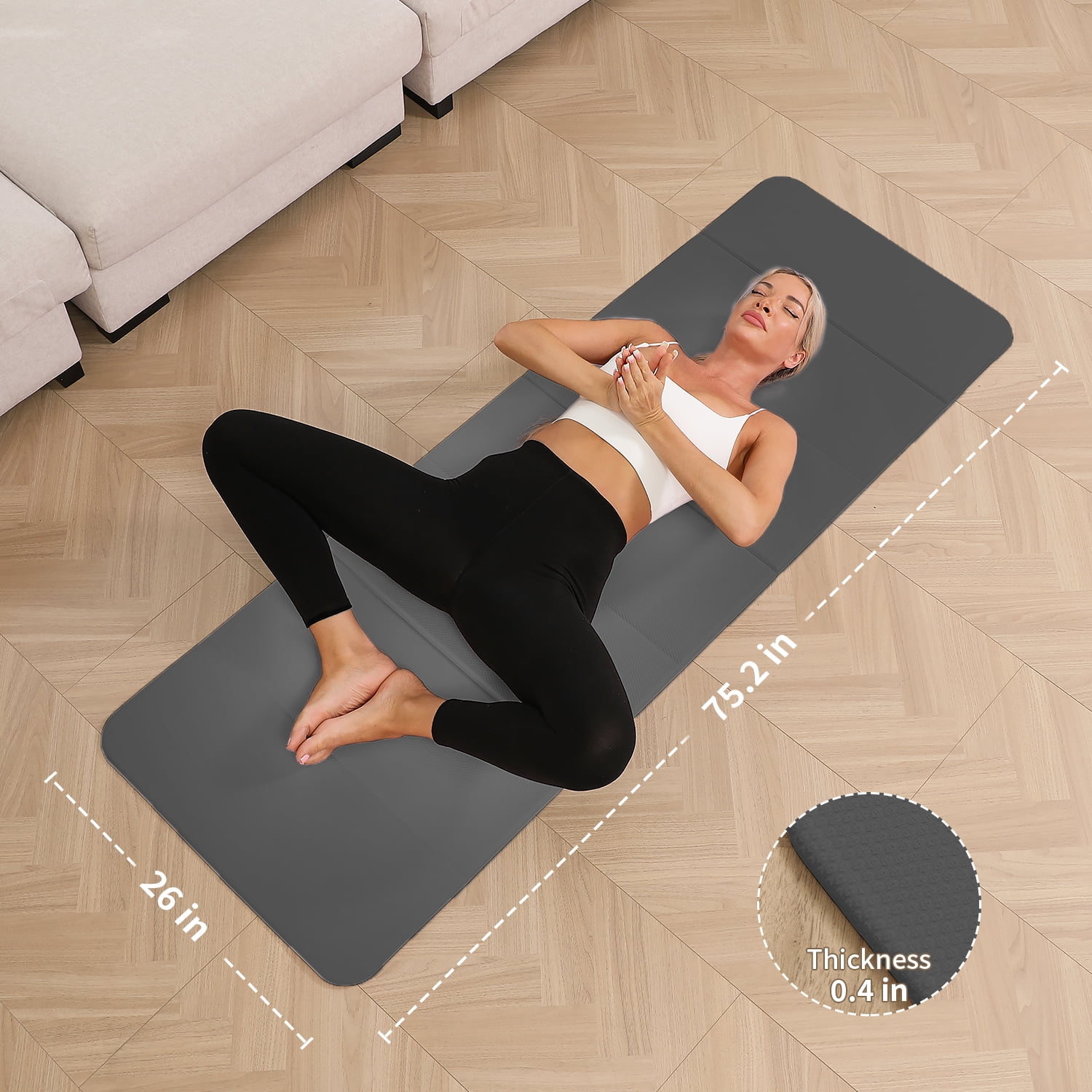 Frach Foldable Yoga Mat, Workout Exercise Mat,Eco TPE 0.4 Inch Thick for Home and Travel,Instant Fold No Curling 75"x26"(Gray)