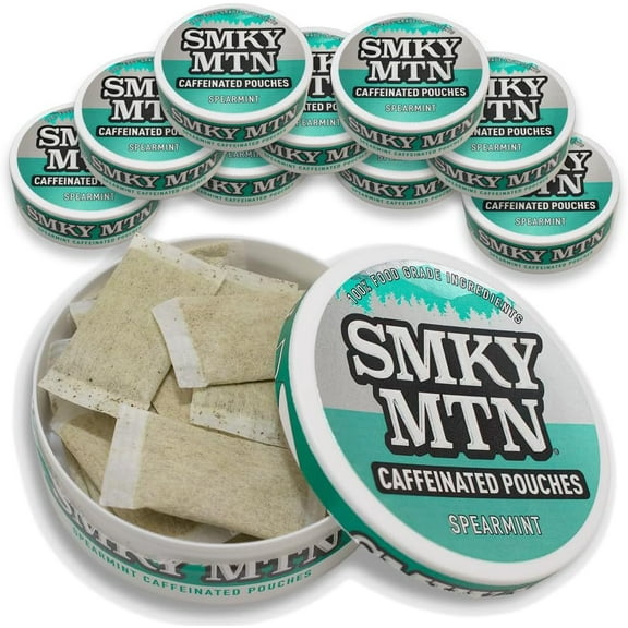 Smokey Mountain Caffeinated Pouches - Spearmint - Tobacco Free and Nicotine Free - 10 Can Box - 15 Pouches Per Can