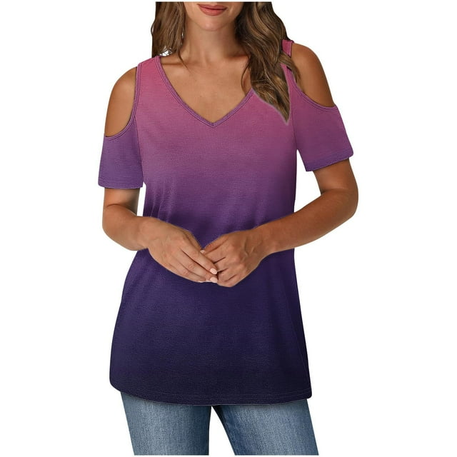 Tops de Algodón para Mujeres Gradiente Impreso Manga Corta Cuello en V Fuera Del Hombro, Top de Moda para el Uso Diario