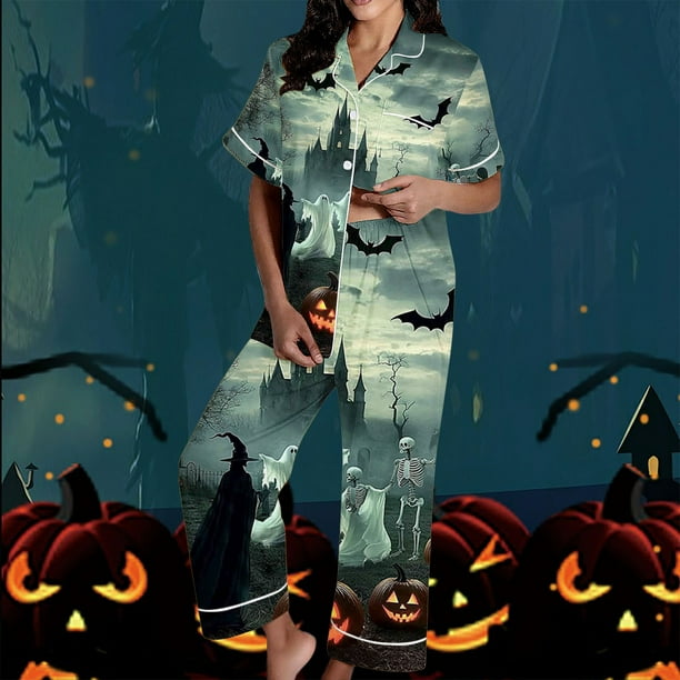 Pijama de manga corta con cuello vuelto para mujer, con bolsillos y estampado de Halloween, cintura elástica, de poliéster