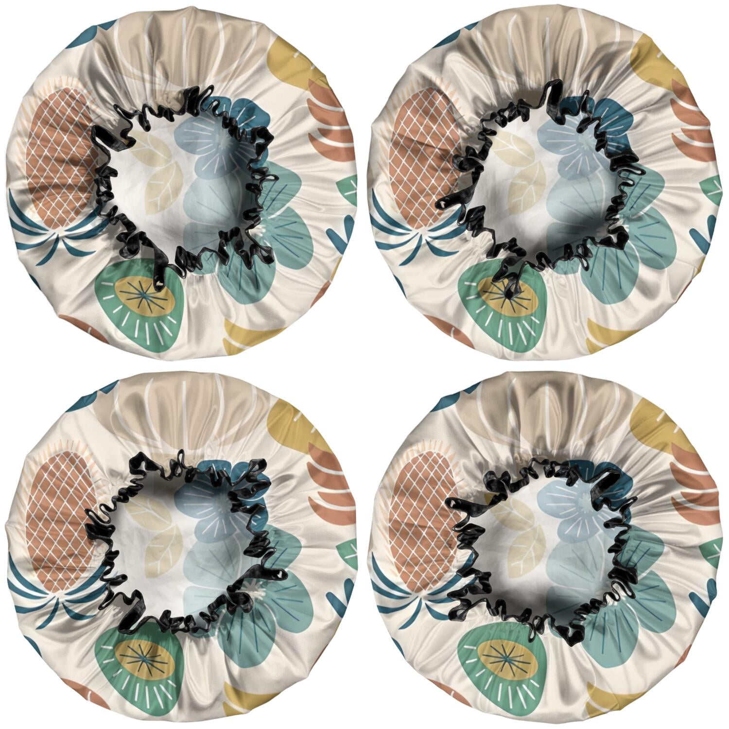 Shower Caps,Beige Pioneer Flower and Leaf Pattern Waterproof Shower Cap for Women 4 Pieces,Double Reusable Hair Cover for Shower PEVA Elastic Stretch Hem