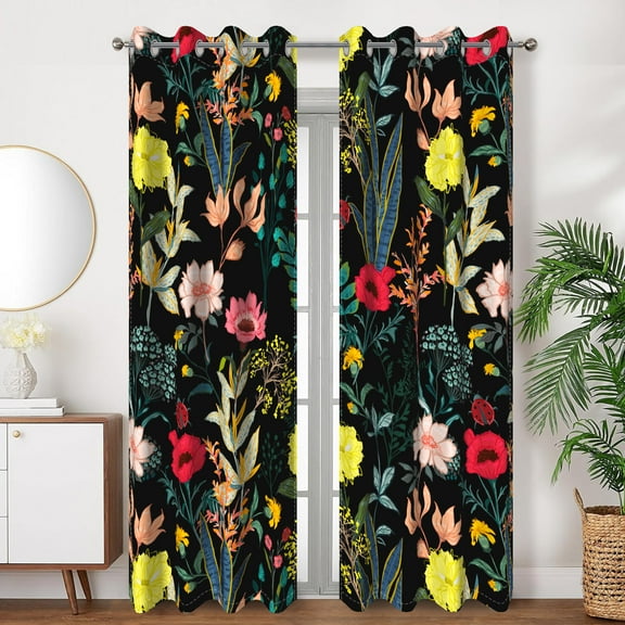 SUNOLIFE Black Floral Blackout Curtains 2 Panels 63 Inch Plants Darkening Window Curtains for Living Room Bedroom