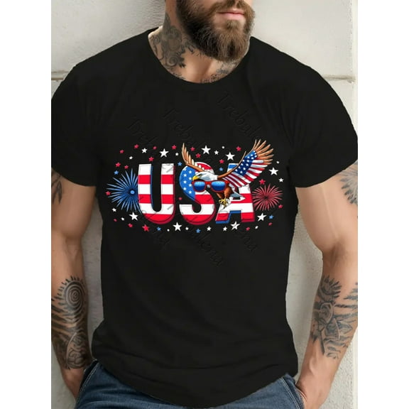 Trebalena Men's Plus Size Patriotic USA Eagle & Fireworks Graphic T-Shirt - 100% Cotton Regular Fit Short Sleeve Round Neck Casual Tee for Independence Day, Summer & Spring, American Flag Clothes
