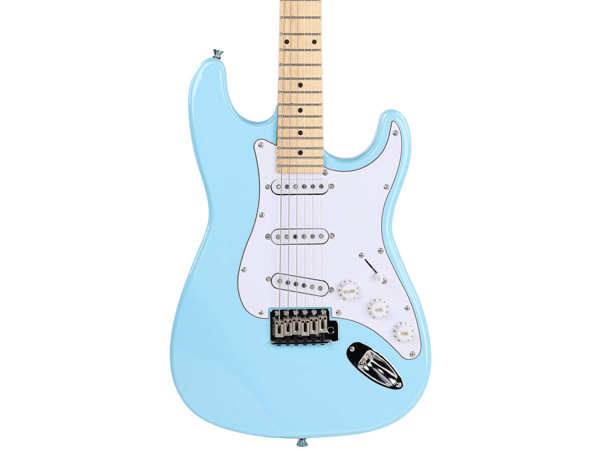 Monoprice Cali DLX Plus Solid Ash Electric Guitar | Wilkinson Bridge and Pickups, with Gig Bag, Right Orientation, Light Blue with Maple Fretboard - Indio Series