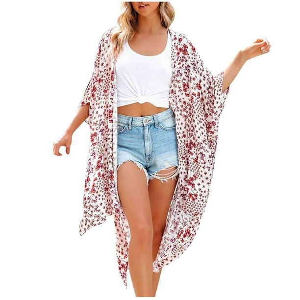 Kimono de playa de chifón con estampado Floral para mujer, chal, manga 3/4, cubierta suelta Pompotops FGAJ2102