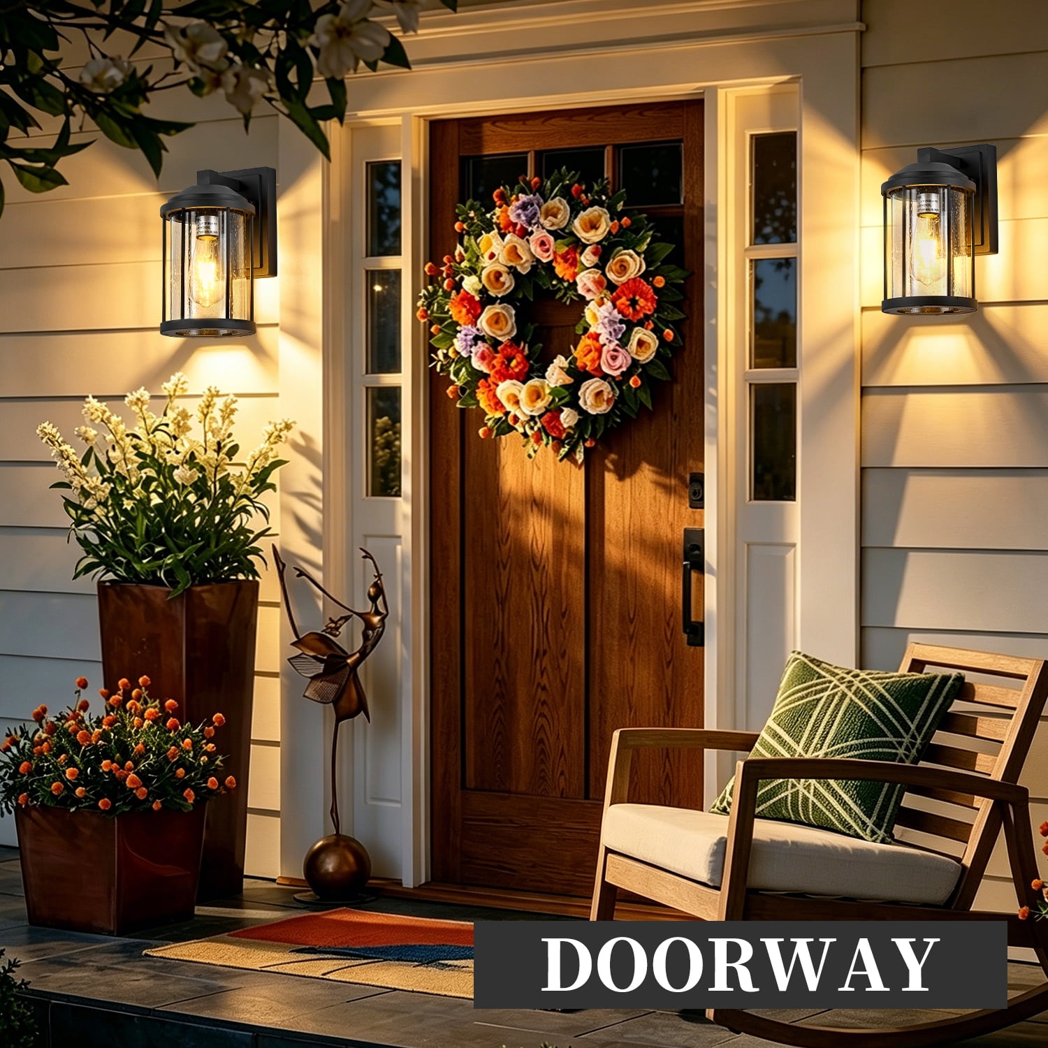 Set of 2 Outdoor Wall Sconces with Seeded Glass and Black Finish, Exterior Porch Lanterns for House and Garage, Black