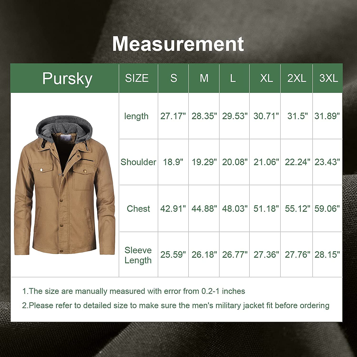Pursky Men's Military Jacket Casual Washed Cotton Hooded Canvas Coat Fall Coat