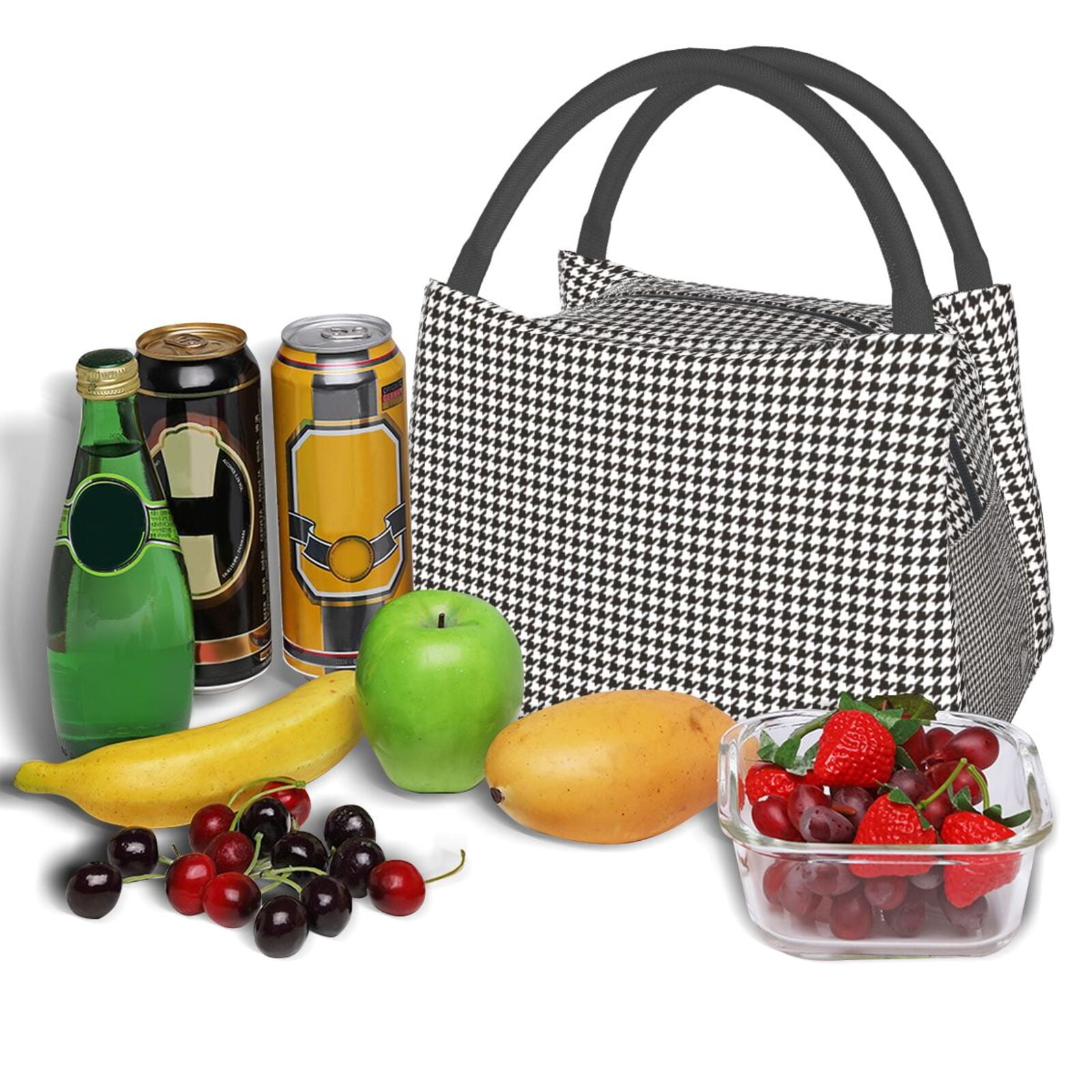 Kuqiui Lunch Bag for Women/Men,Waterproof Reusable Portable Lunch Tote,Lunch Box Bag.Thermal Cooler Bag Ideal for Work/Party/Travel/Picnic (Houndstooth Black And White )