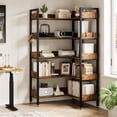 thumbnail image 2 of Memoryfield 5-Tier Corner Bookshelf, Convertible Bookcase with 4 Hooks, Industrial Metal Frame Bookshelves with Open Shelves for Living Room, Bedroom, Home Office, Brown, 2 of 7