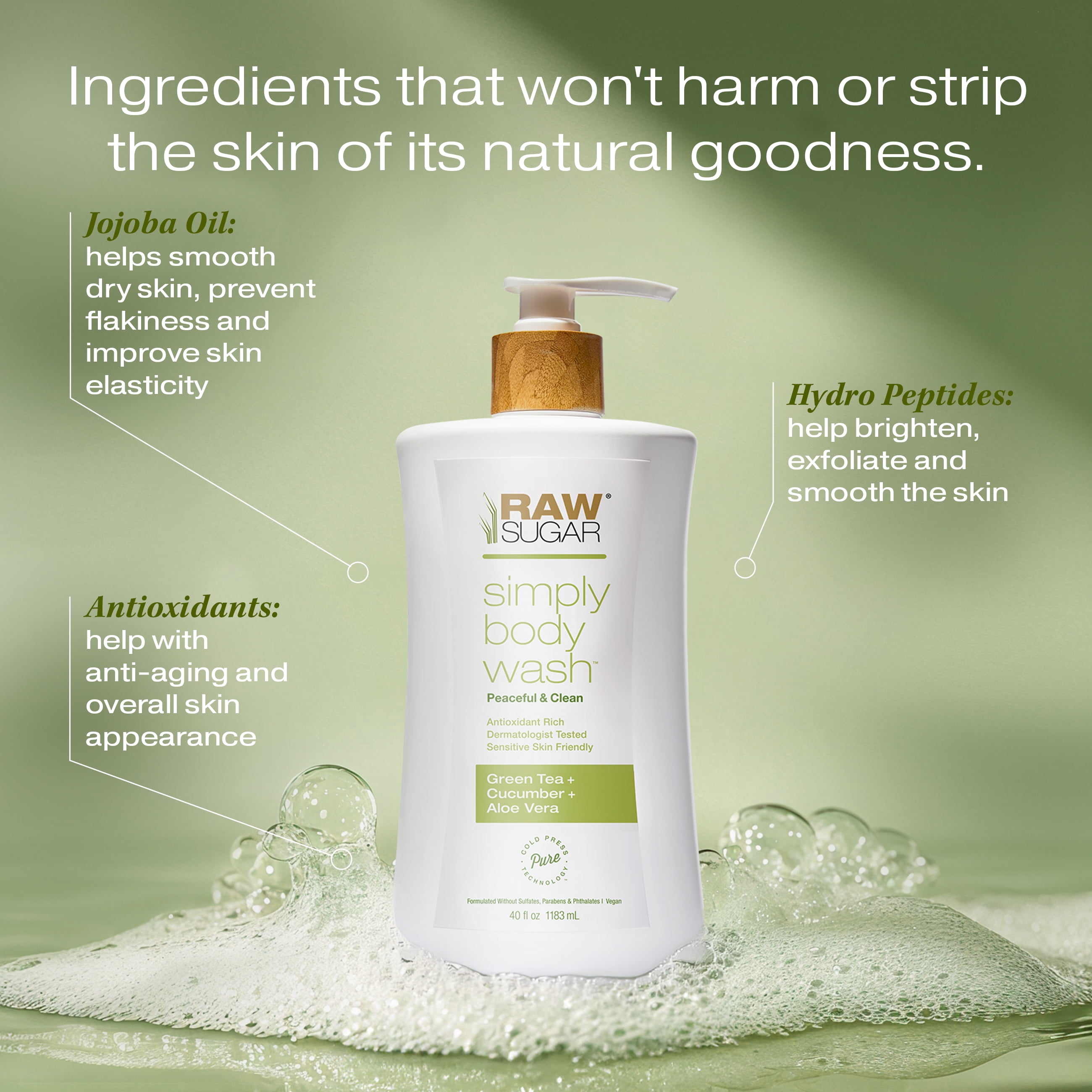 Raw Sugar Simply Body Wash for Sensitive Skin, Green Tea + Cucumber + Aloe Vera, 40 fl oz