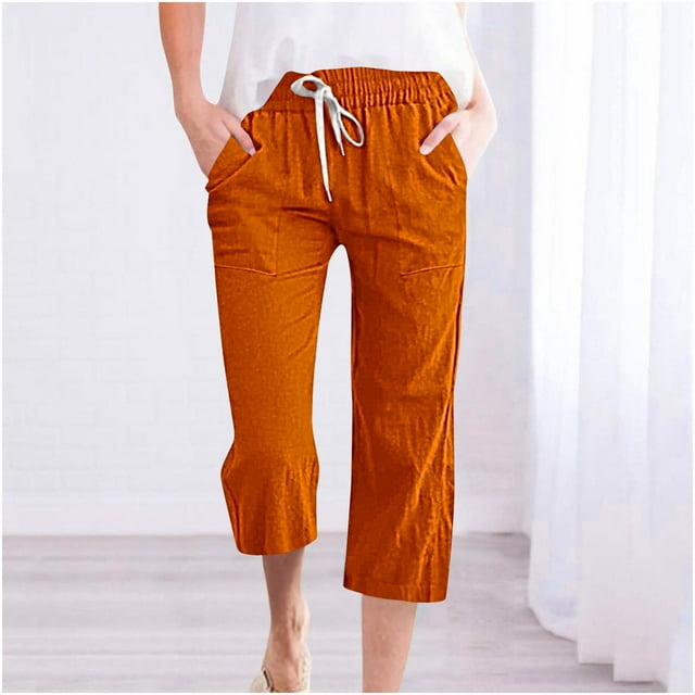 LSLJS Women's Fragrant Hemp Solid Color Loose Women Fashion Drawstring Pants Seven Pants Pockets Womens Work Pants