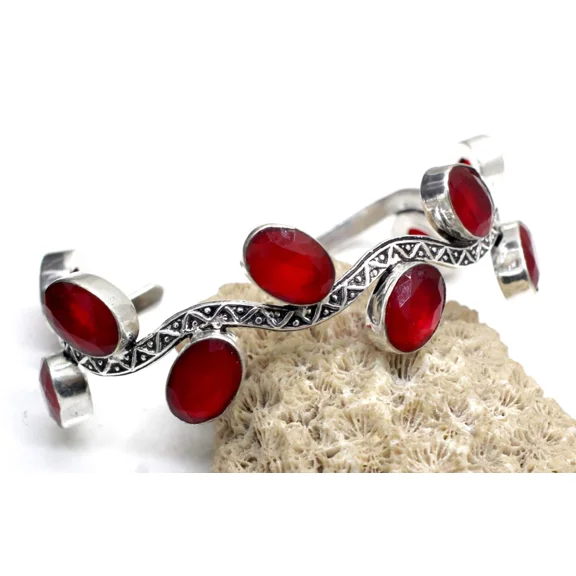 Red Emerald Gemstone 925 Sterling Silver Jewelry Cuff Bracelet Adjustable