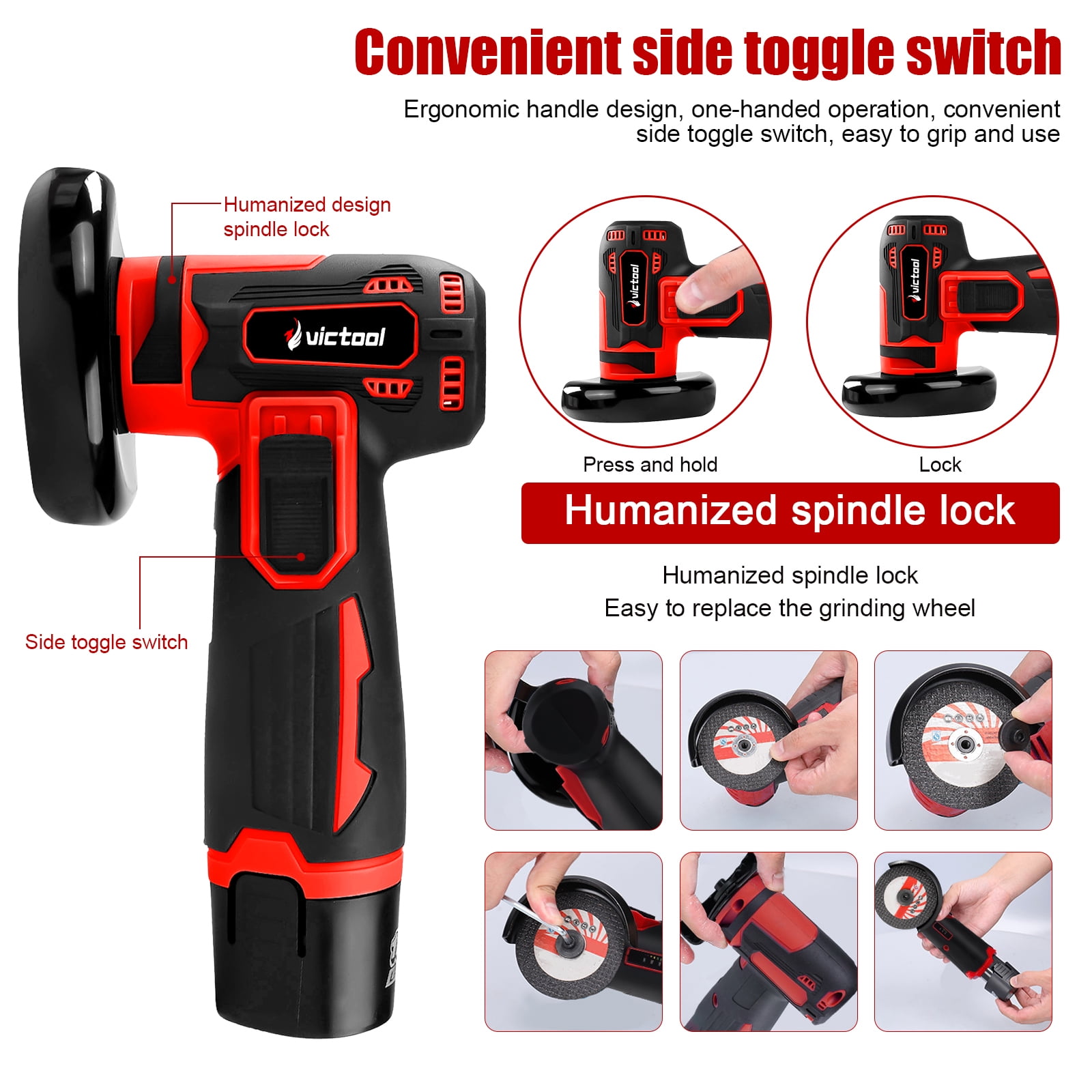 Victool 3 Inch 12V Lithium Electric Angle Grinder Handheld Polishing Grinding Machine Power Tools US