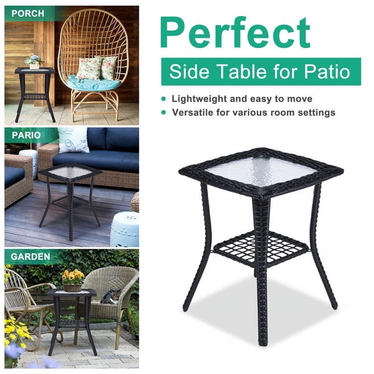 Outdoor Wicker Side Table, Rattan End Table with Glass Top, Patio Coffee Bistro Table for Indoor Garden Porch Balcony, Black