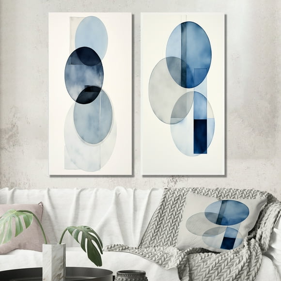 Designart "Watercolor Retro Blue Unity Minimal Orbits V" Modern Geometric Wall Art Set Of 2 - Modern Blue Canvas Set For Living Room Decor