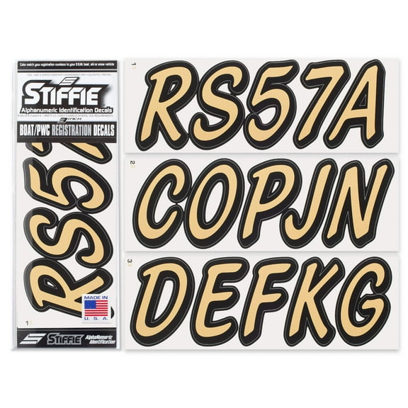 STIFFIE Whipline Solid Tan/Black 3" Alpha-Numeric Registration Identification Numbers Stickers Decals for Boats & Personal Watercraft