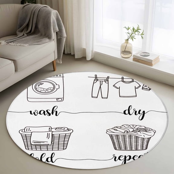 Laundry Room Round Area Rug 3.3 FT, Non Slip Small Entryway Kitchen Mat, Cartoon Wash Dry Fold Repeat Simple Lines Art Washable Soft Circular Rug Non-Shedding Door Mat for Bathroom Playroom Kids Room