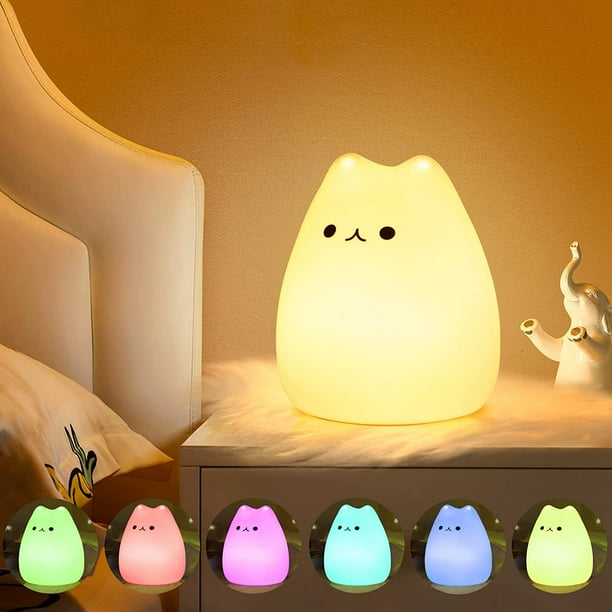 Luz de noche para bebés, luz de noche para niños, luz de noche de 7 colores, luz de noche para gatos, luz de noche LED, luz de noche recargable, función de temporizador, luz de noche de silicona, luz