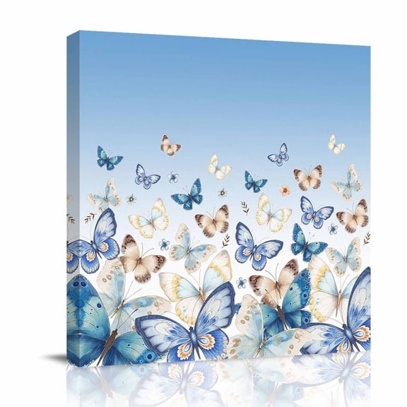 Canvas Wall Art, Blue Ombre Butterfly Framed Canvas Prints for Bathroom Desk, Pastoral Farmhouse Butterflies Small Gallery Wrapped Wall Decor for Home Office, Gifts, 8"x8" Ship Next Day