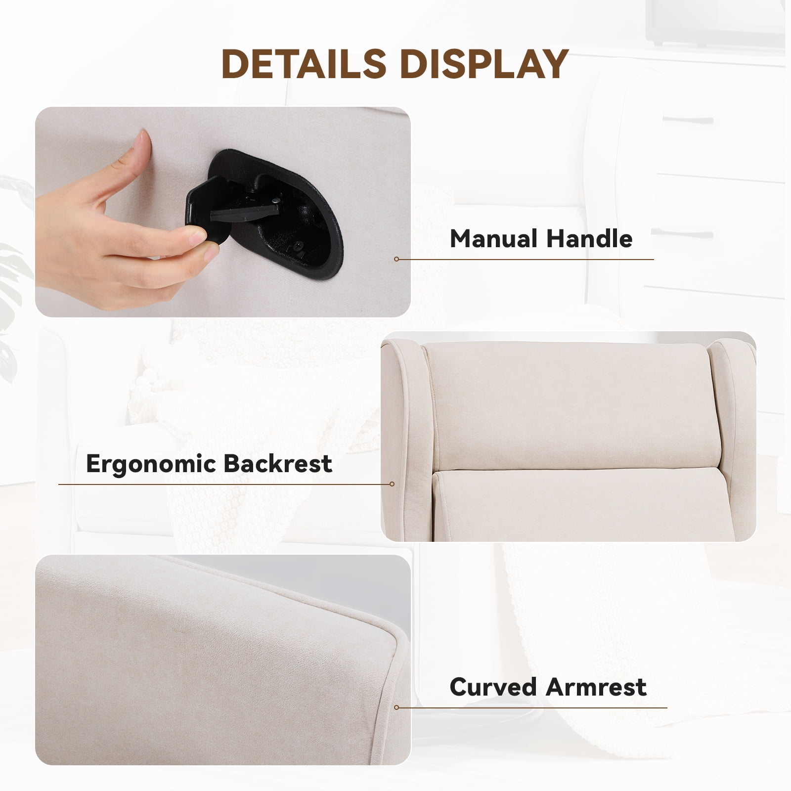 COMHOMA Swivel Rocker Recliner Chair, Fabric Lether Single Sofa Seat for Living Room, Beige