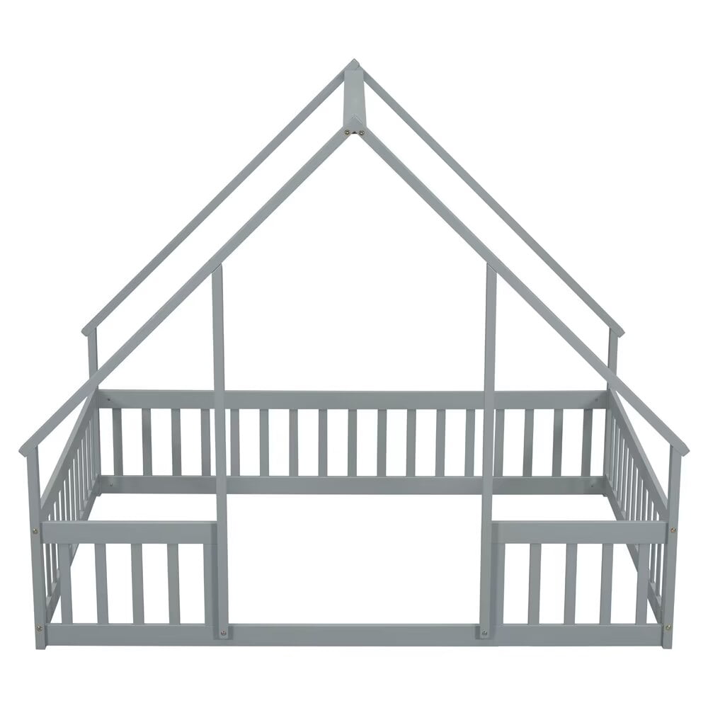 Full Size Floor Bed for Kids Toddlers, Wooden Montessori Bed Frame with Roof and Fence Guardrails, Playhouse Bed Tent Bed for Boys Girls Bedroom, Easy Assembly, Grey