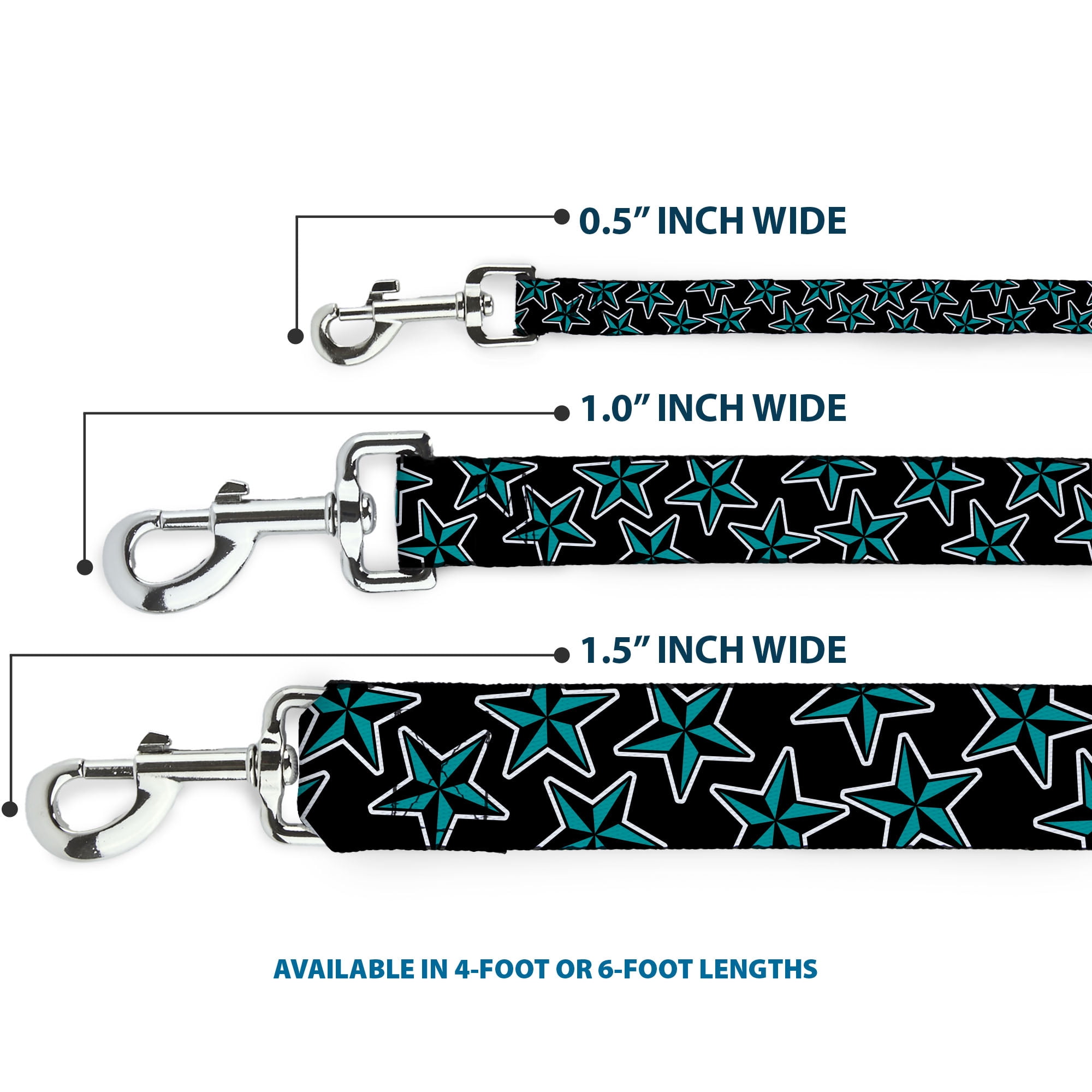 Buckle-Down Pet Leash, Dog Leash, Nautical Stars Scattered Black Turquoise, 6 Feet Long 1.0 Inch Wide