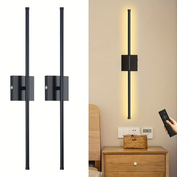 [Dimmable LED Wall Lights] 2-Pack Wireless Dimmable LED Wall Lights | 350° Rotatable, Cordless Linear Design With Remote For Bedroom, Hallway, Living Room