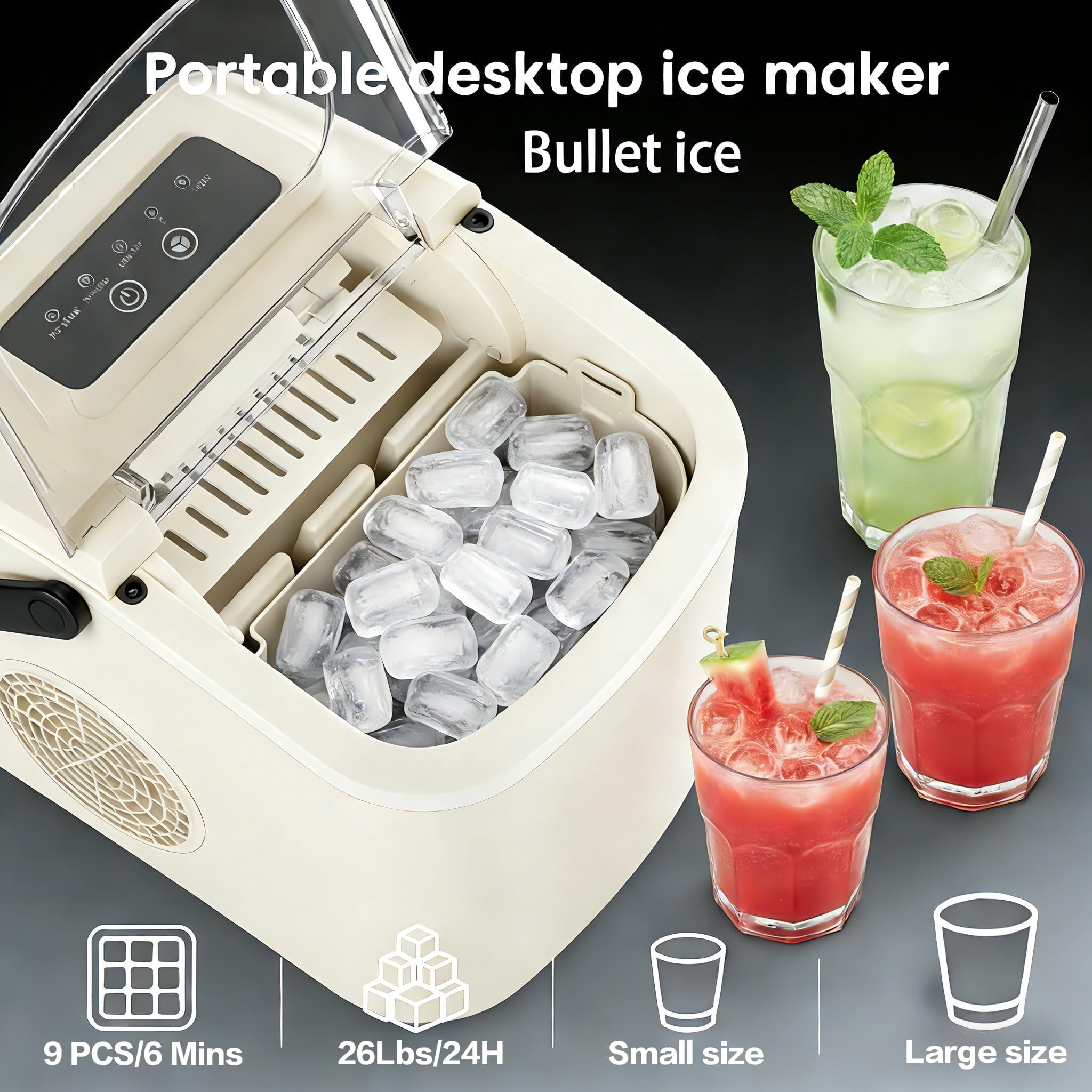 Countertop Ice Maker with Handle, Small Portable Self-Cleaning Ice Machine with Basket and Scoop， 26lbs/24H, 9 Ice Cubes in 6 Mins, for Home, Kitchen, Parties, Camping