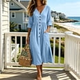 thumbnail image 2 of CHGBMOK Cotton Linen Dresses for Women Fall 3/4 Sleeve V Neck Fitted Waist Dress Side Slit Midi Dress with Pockets, 2 of 5