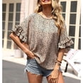 thumbnail image 3 of Women Round Neck T Shirt Leopard Printing Short Ruffle Sleeves Loose Fitting Summer Casual Blouse Khaki L, 3 of 8