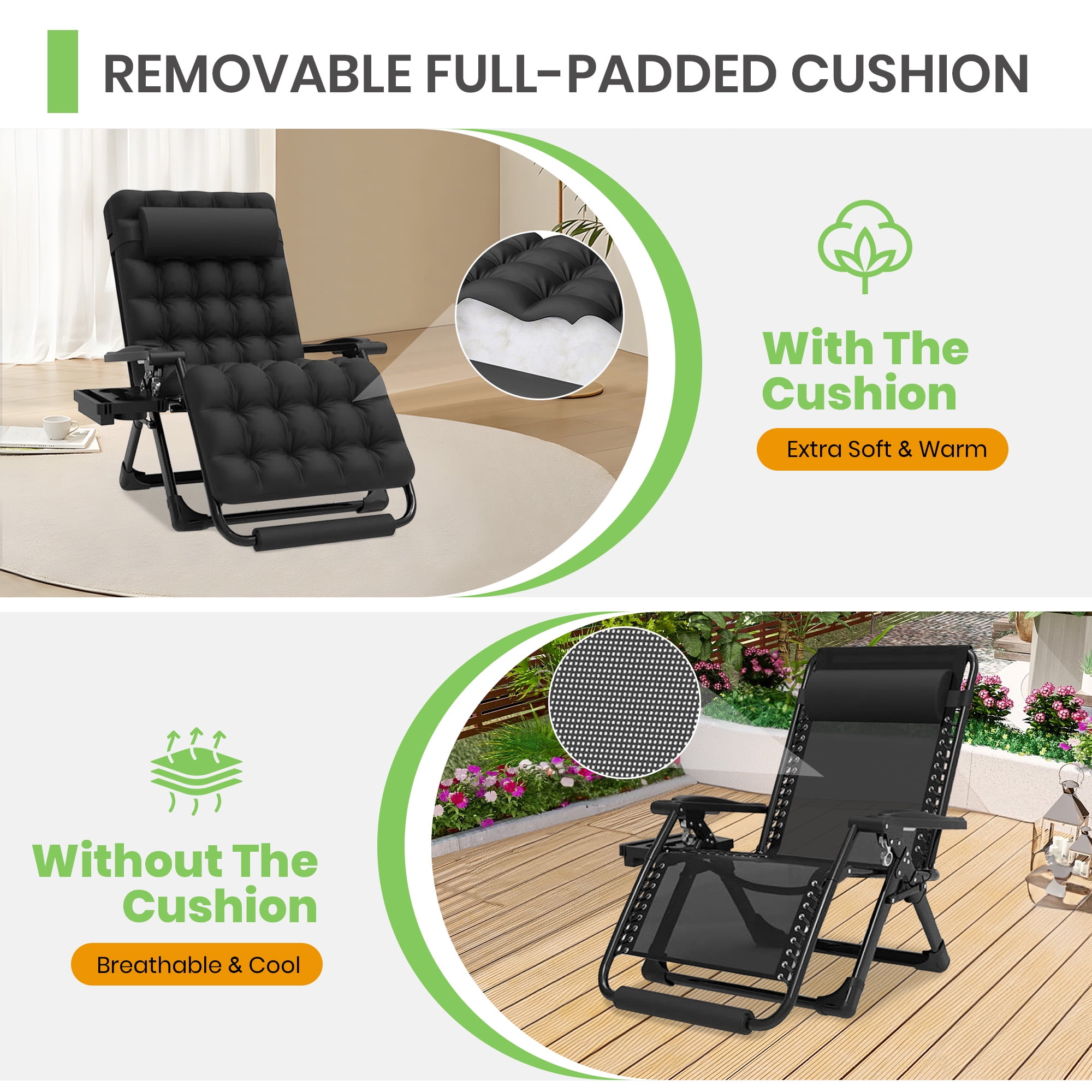 GVDV Oversized Zero Gravity Chair, 33In XXL Lounge Chair 500lbs Capcity with Removable Thick Cushion, Lawn Patio Reclining Chair Upgraded Alloy Lock and Cup Holder, for Indoor Outdoor, Black