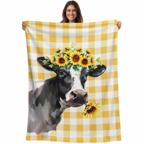 Sunflowers Cow Blanket Soft Cozy Warm Throw Blanket for Couch, Plush Fuzzy Flannel Fleece Blankets for Sofa, Farm Animal Yellow Buffalo Plaid Bed Blankets Lightweight Gifts for Women, 50"x60"