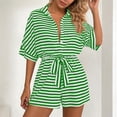 thumbnail image 4 of ClodeEU Women's Striped Notch Collar Button 3/4 Sleeve Romper with Belt,Casual Jumpsuit Shorts Green,Womens Plus M, 4 of 6