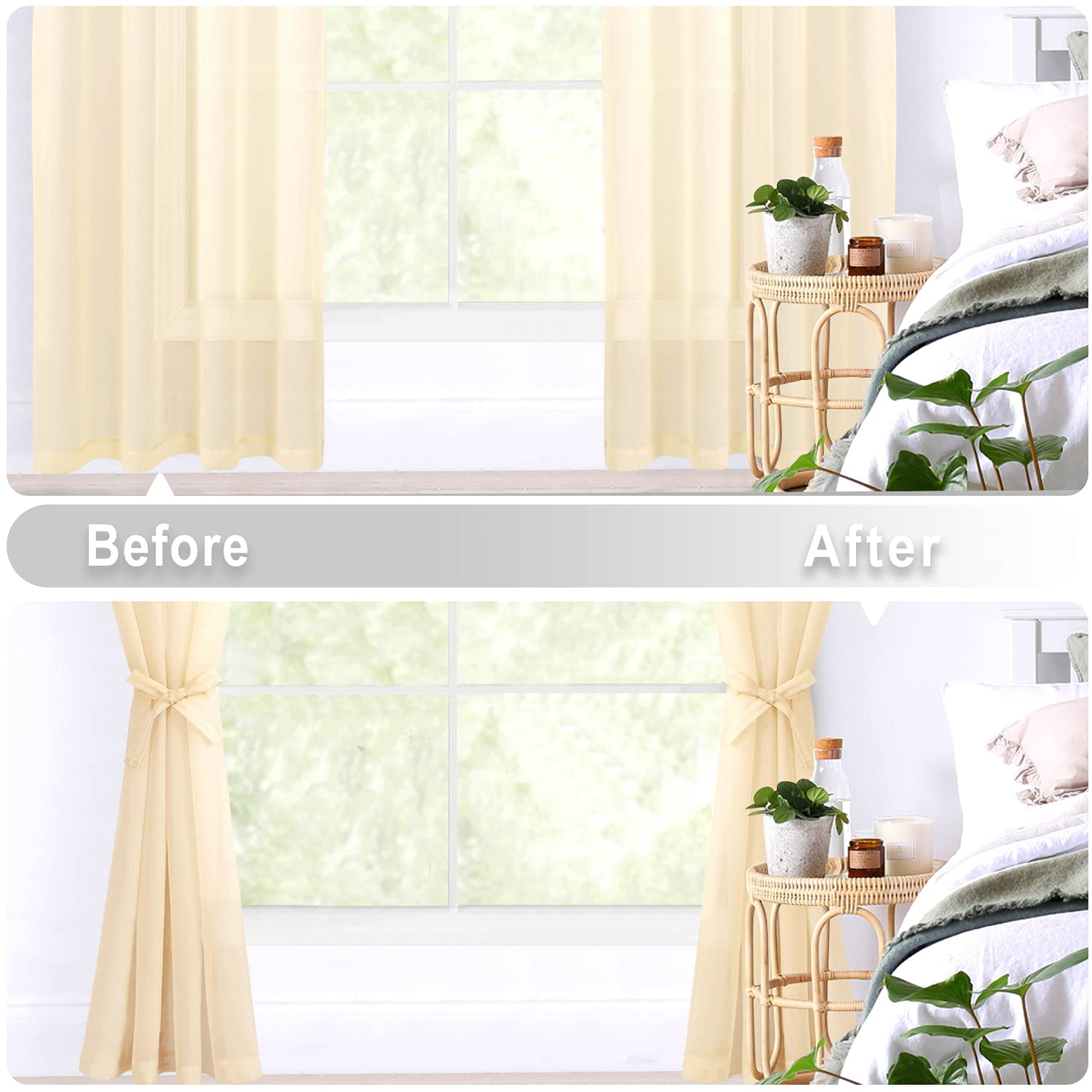 Hiasan Beige Sheer Curtains with Tiebacks-Light Filtering Contemporary Window Drapes for Living Room, Bedroom, Grommet, 52" x 84", Set of 2