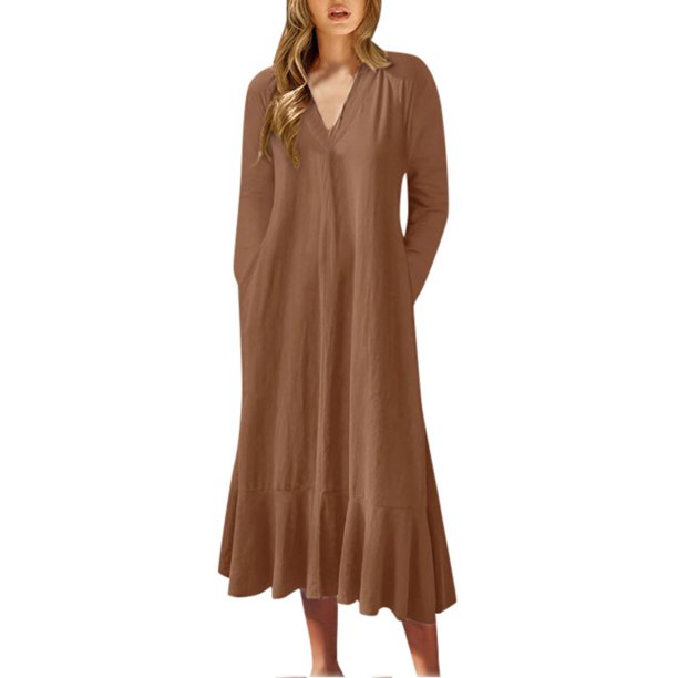 Gibobby Vestido de manga larga para mujer Vestido de manga larga con cuello en V y cordones en la espalda para mujer(Marrón,G)